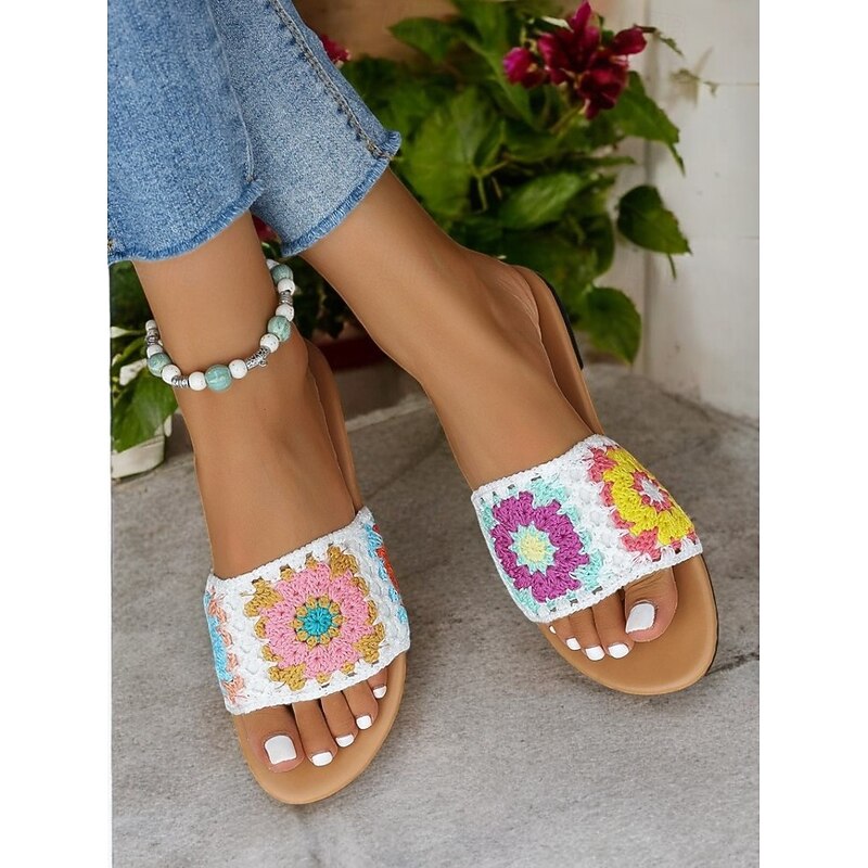 Women's Handwoven Crochet Slide Sandals with Colorful Floral Patterns, Boho Summer Flats for Beach, Vacation, and Casual Wear2