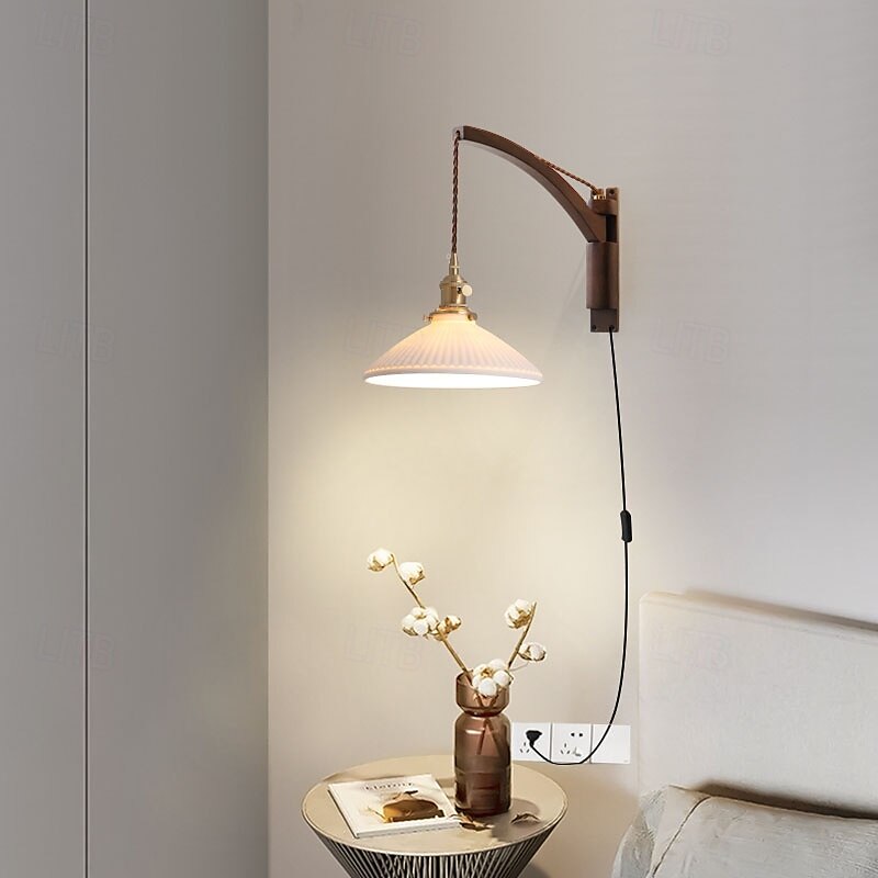 Bedside Wall Mount Wall Lamp Ceramic Lampshade LED Wall Lamp with Wood Lamp Hanger in Scandinavian Style Plug in Wall Light