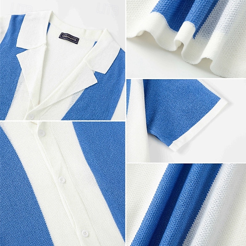 Men's Button Up Polos Golf Shirt Casual Sports Lapel Short Sleeve Fashion Basic Color Block Patchwork Buttons Summer Blue Button Up Polos4