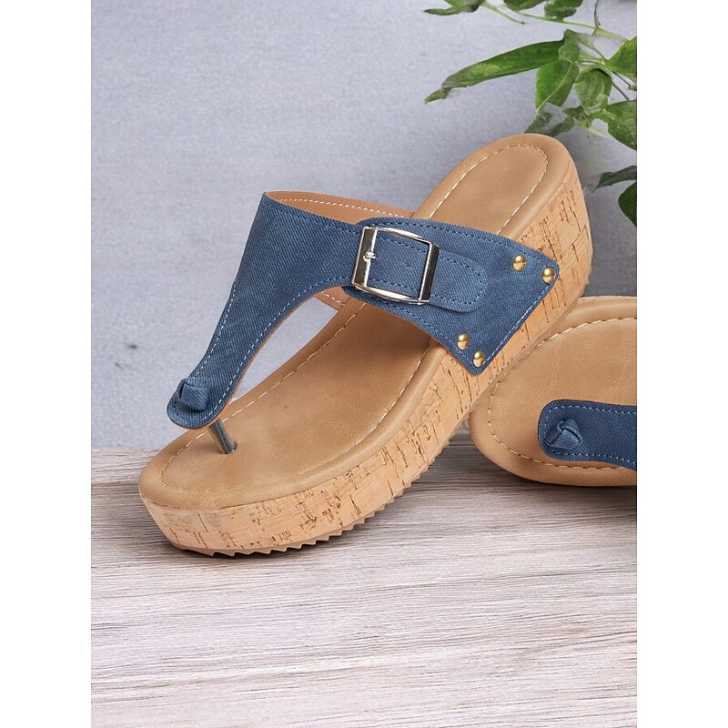 Women's Blue Wedge Sandals with Buckle Strap and Stud Details, Comfortable Summer Shoes for Casual and Beach Wear4