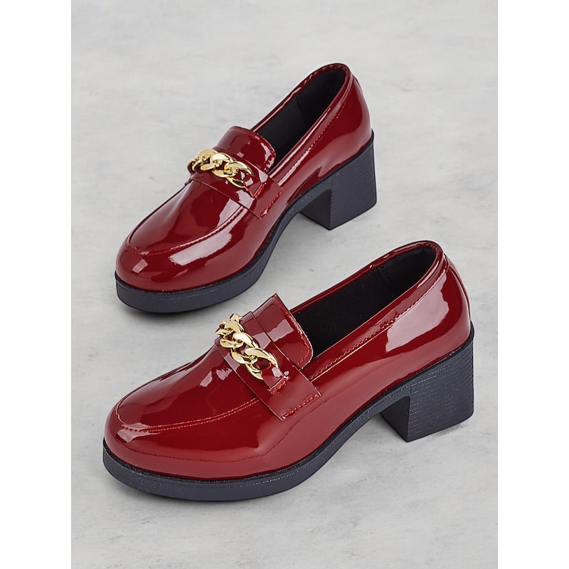 Women's Wine Red Patent Leather Loafers - Chunky Heel with Metal Chain Detail, Elegant Slip-On Shoes for Office or Party Wear