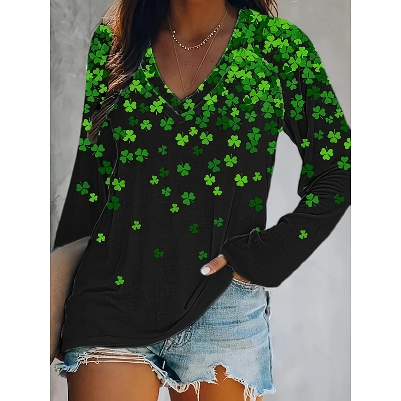 St. Patrick's Day Women's T Shirt V Neck Long Sleeve Graphic Casual Vacation Daily Green Spring & Fall