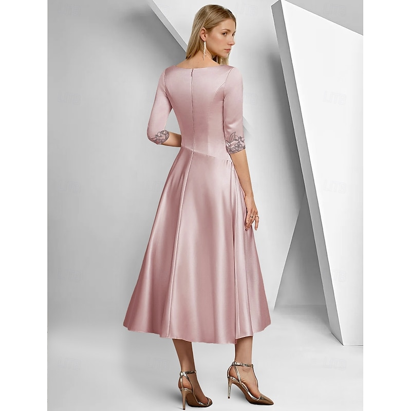 A-Line Dress Mother of the Bride Dress Elegant Simple V Neck Ankle Length Tea Length Satin 3/4 Length Sleeve with Lace Ruched Sequin Race Day Dress2