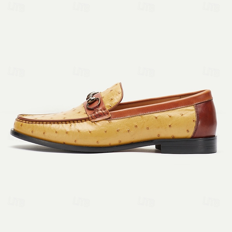 Men's Yellow and Brown Ostrich Leather Loafers with Metal Bit Detail - Stylish Slip-On Dress Shoes for Formal and Casual Wear3
