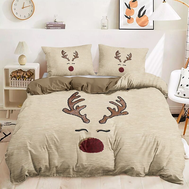 Reindeer Print Duvet Cover Set 100% Cotton Soft and Cozy Bedding Set with Holiday Reindeer Design Perfect for Winter Season Stylish Bedroom Decor Easy Care Machine Washable