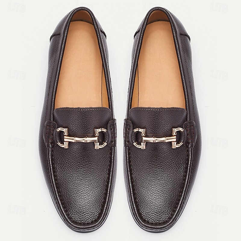 Men's Premium Cowhide Leather Loafers with Gold Buckle Accent, Classic Formal Style Slip-On Shoes for Business, Work, and Casual Occasions4