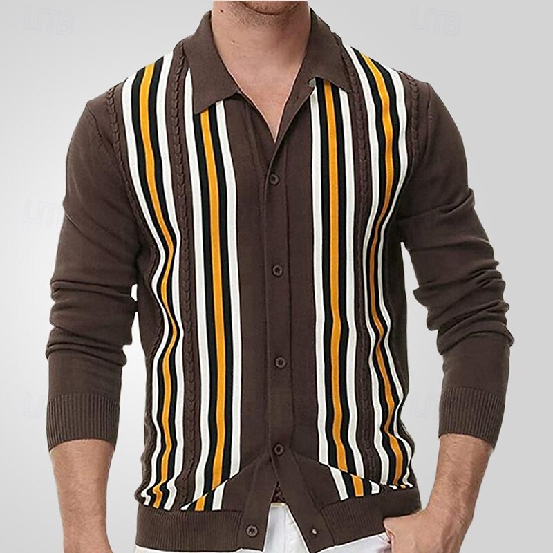 Men's Button Up Polos Golf Shirt Casual Sports Lapel Long Sleeve Fashion Basic Stripes Patchwork Buttons Spring Fall Brown Green Button Up Polos