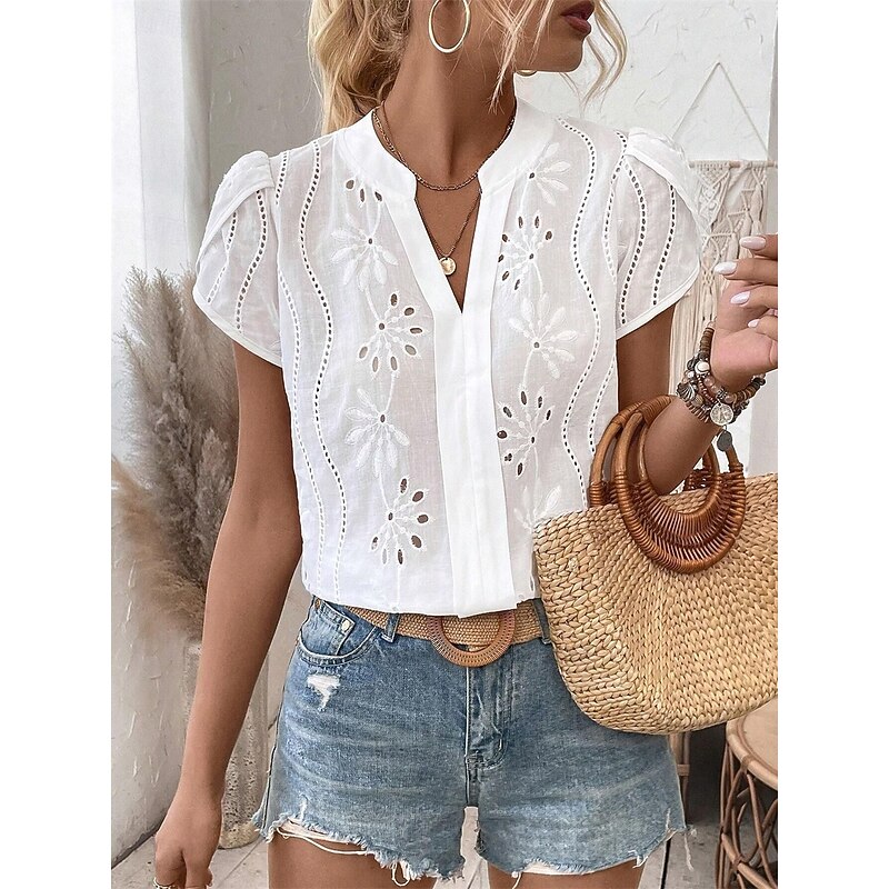 Women's Shirt Blouse Solid Color Daily Stylish Casual Short Sleeve V Neck Regular Tops Work Daily Going out Embroidered White Summer Spring2