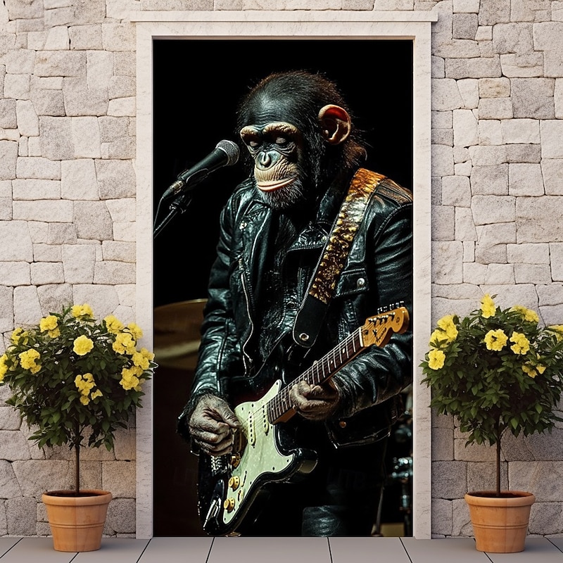 Animal Door Decorations Door Covers Rock Star Chimpanzee Door Tapestry Door Curtain Decoration Backdrop Indoor/Outdoor Door Banner for Front Door Farmhouse4