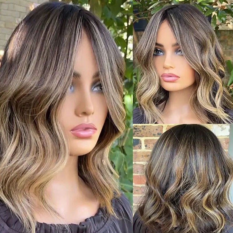 Remy Human Hair 5x5 Closure 13x4 Lace Front Wig Short Bob Brazilian Hair Wavy Multi-color Wig 130% 150% Density Ombre Hair Highlighted / Balayage Hair Natural Hairline Glueless Pre-Plucked For Women
