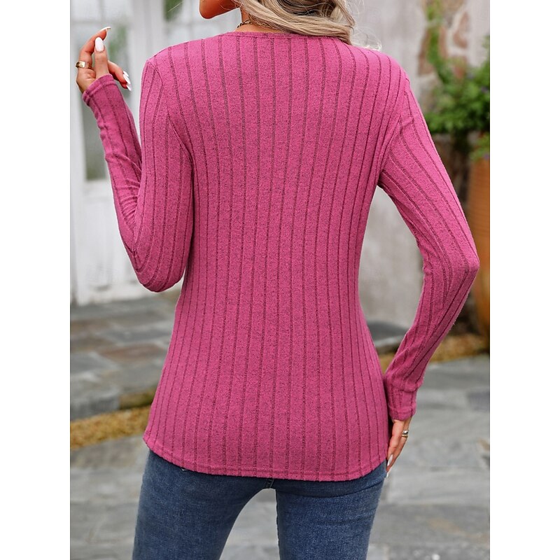 Women's T Shirt Plain Fashion Modern Casual Long Sleeve Crew Neck Regular Tops Daily Weekend Buttons Fuchsia Brown Green Fall Winter2