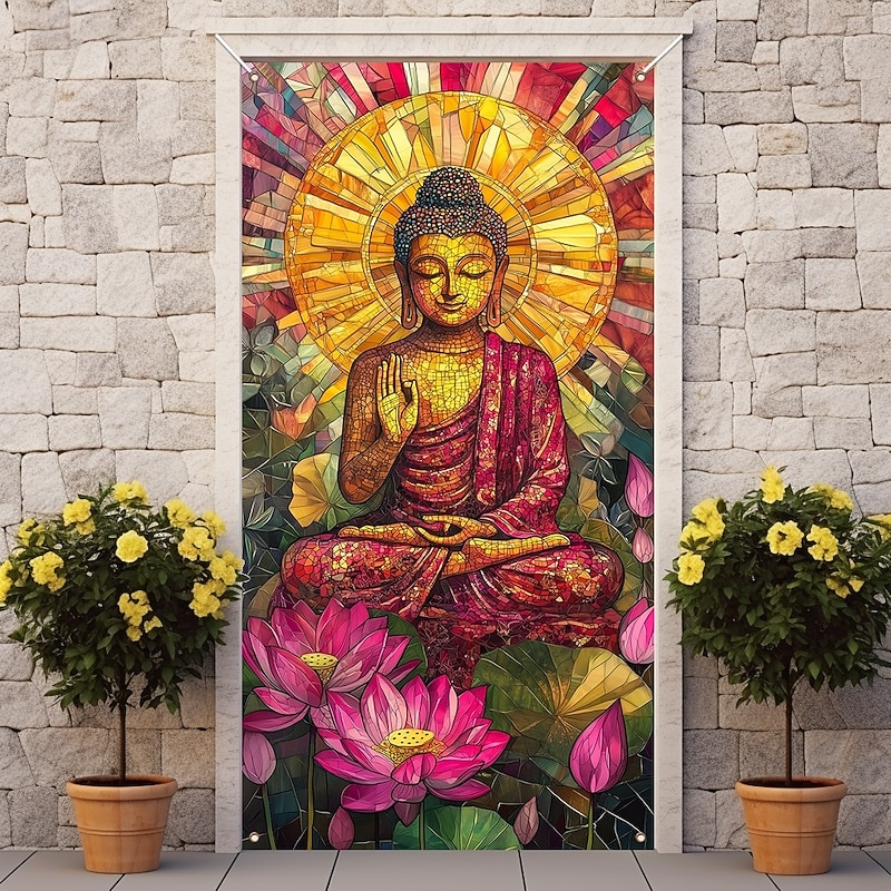 Stained Glass Effect Door Decorations Door Covers Buddha Boho Door Tapestry Door Curtain Decoration Backdrop Indoor/Outdoor Door Banner for Front Door Farmhouse2