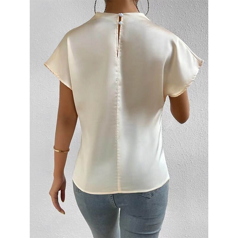 Women's Elegant Dressy Satin Blouse Solid Color Daily Stylish Casual Short Sleeve Crew Neck Regular Tops Daily Patchwork Black White Pink Summer Spring Fall2