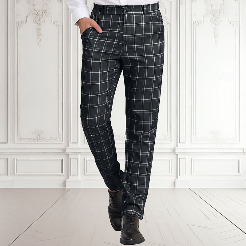 Men's Geometric Plaid Dress Pants Mid Waist Business Casual Outdoor Vacation Home Zipper Pocket Summer Spring Fall 3D Print Black