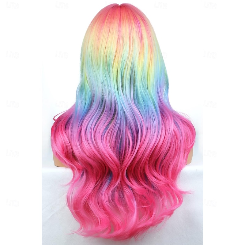 Rainbow Ombre Wigs Long Wavy Wig for Women with Bangs Colorful Ombre Costume Curly Heat Resistant Synthetic Hair Wigs for Carnival4