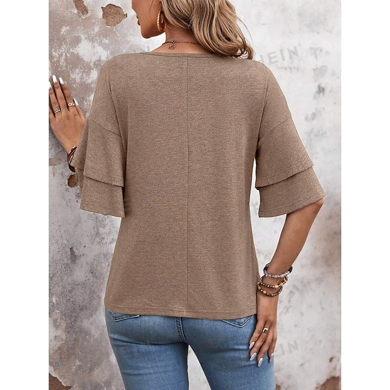 Women's T Shirt Plain Fashion Modern Casual 3/4 Length Sleeve V Neck Regular Tops Daily Weekend Ruffle Pink Navy Blue Khaki Summer Spring2