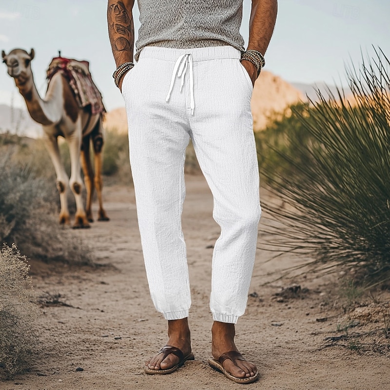 Men's Linen Pants Trousers Summer Pants Elastic Waist Straight Leg High Rise Solid Color Comfort Breathable Full Length Daily Streetwear Retro Vintage Black White High Waist Inelastic
