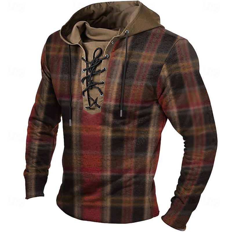 Men's Plaid Hoodies Fashion Cool Long Sleeve Hooded Yellow Red Drawstring Fall Winter Designer