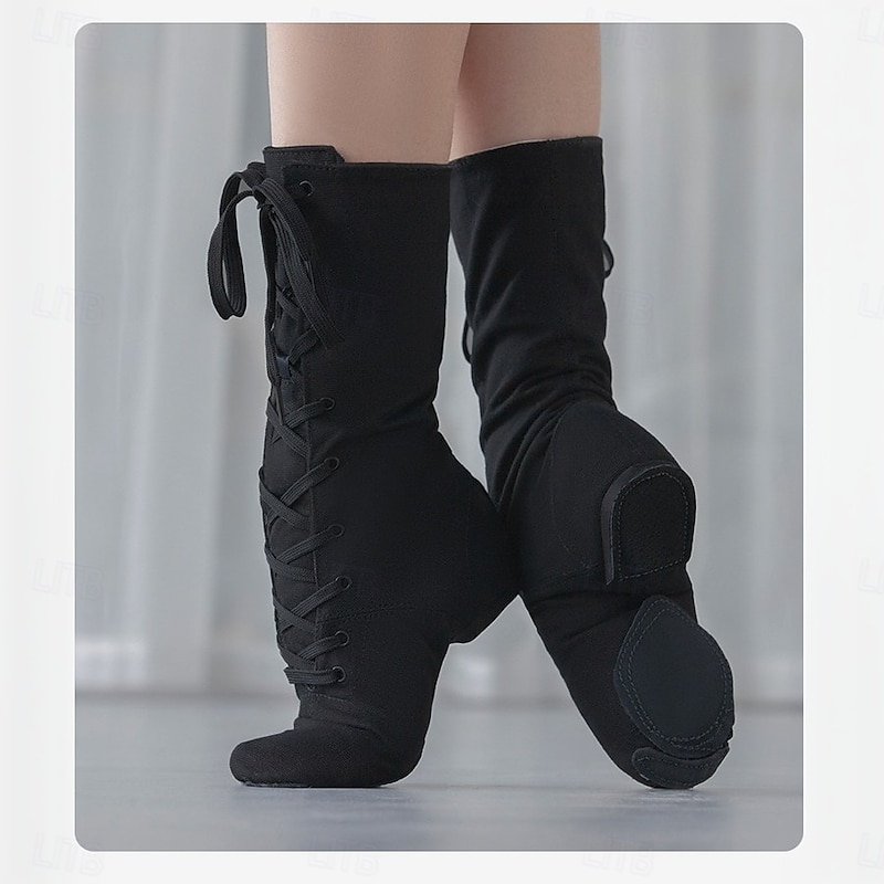 Women's Black Lace-Up Canvas Jazz Dance Boots with Split Sole and Ankle Support for Ballroom and Practice Sessions2