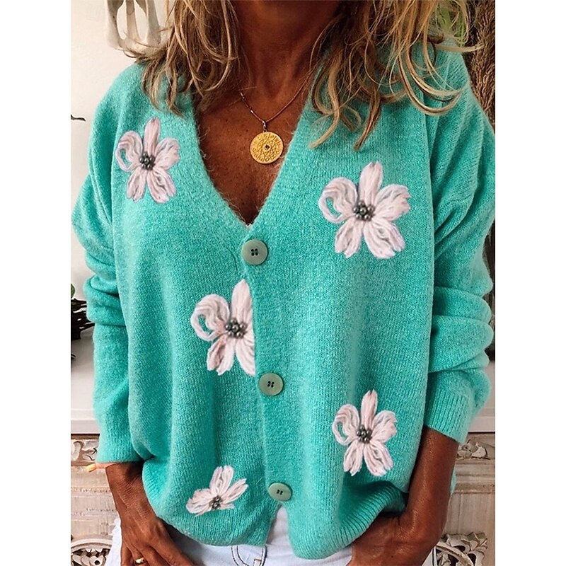 Women's Sweater Cardigan Casual Soft Floral Ribbed V Neck Buttons Knitted Long Sleeve Regular Tops Knit Outdoor Daily Weekend Red Green Fall Winter3