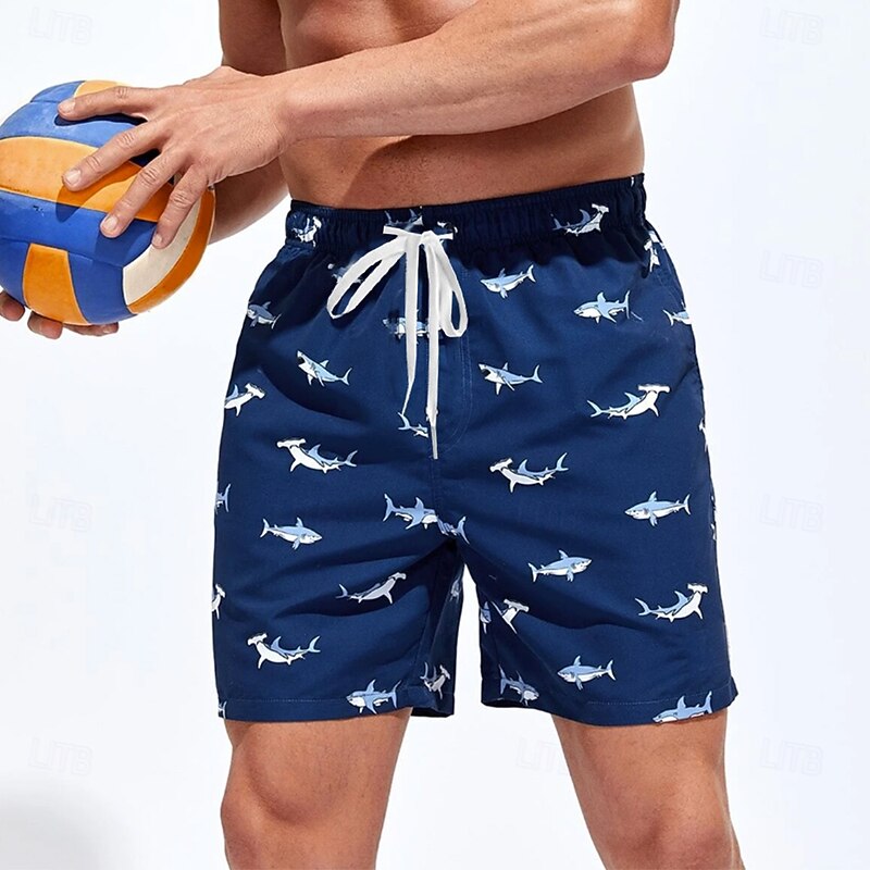 Men's Shark Sea Creatures Swim Trunks Swim Shorts Board Shorts Mid Waist Streetwear Hawaiian Casual Vacation Daily Holiday Drawstring Elastic Waist 3D Print Designer Clothing Apparel