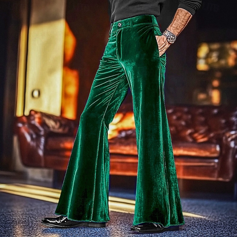 Men's Dress Pants Disco Pants Flared Pants Bell Bottom Trousers Pocket Plain Comfort Soft Full Length Outdoor Party Daily Fashion Streetwear Blue Green Micro-elastic4