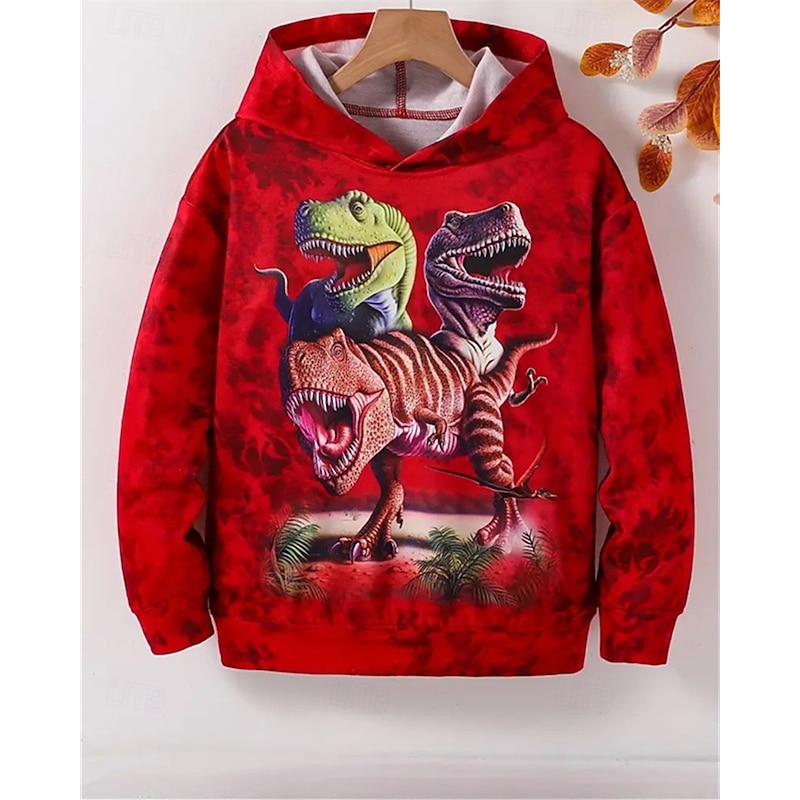 Boys 3D Graphic Dinosaur Hoodie Long Sleeve Spring Fall Fashion Streetwear Kids 4-12 Years Hooded Outdoor Casual Daily Regular Fit