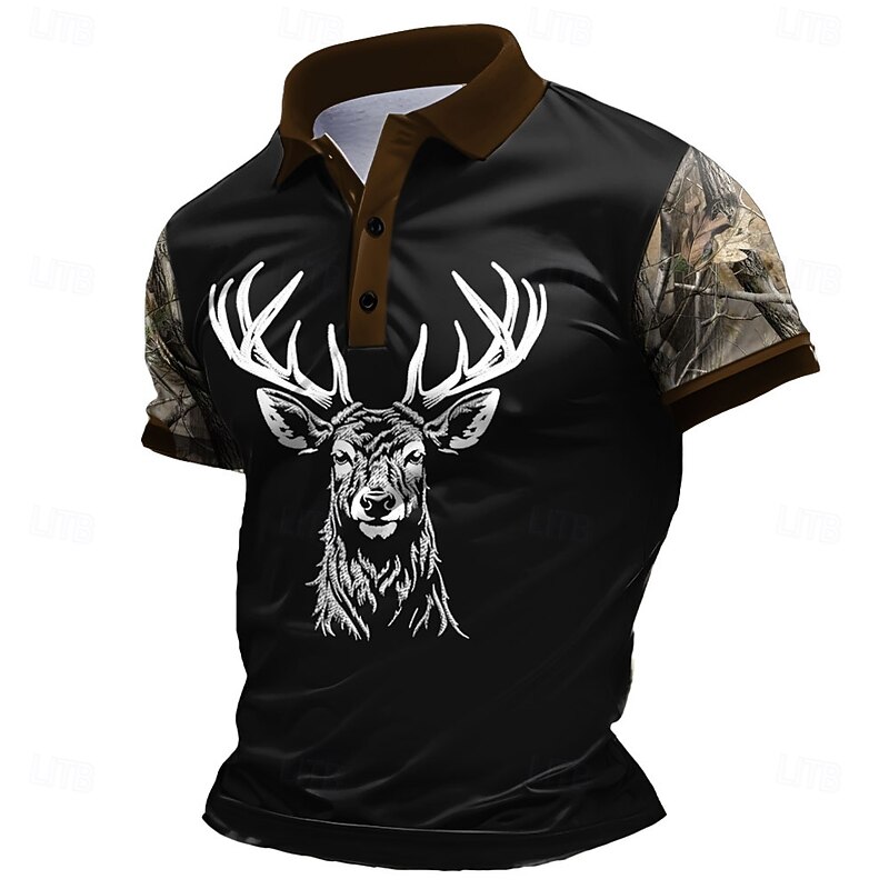 Men's Deer Polo Short Sleeve Polo Shirts Collared Shirts Casual School Outdoor Daily Wear Home Wear 3D Print Summer Spring Fall Dark Brown Black Brown3