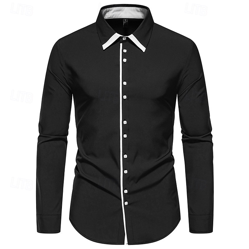 Men's Dress Shirt Collared Shirt Button Up Shirt Color Block Wedding Daily Black White Navy Blue Long Sleeve Turndown Spring &  Fall Clothing Apparel Patchwork