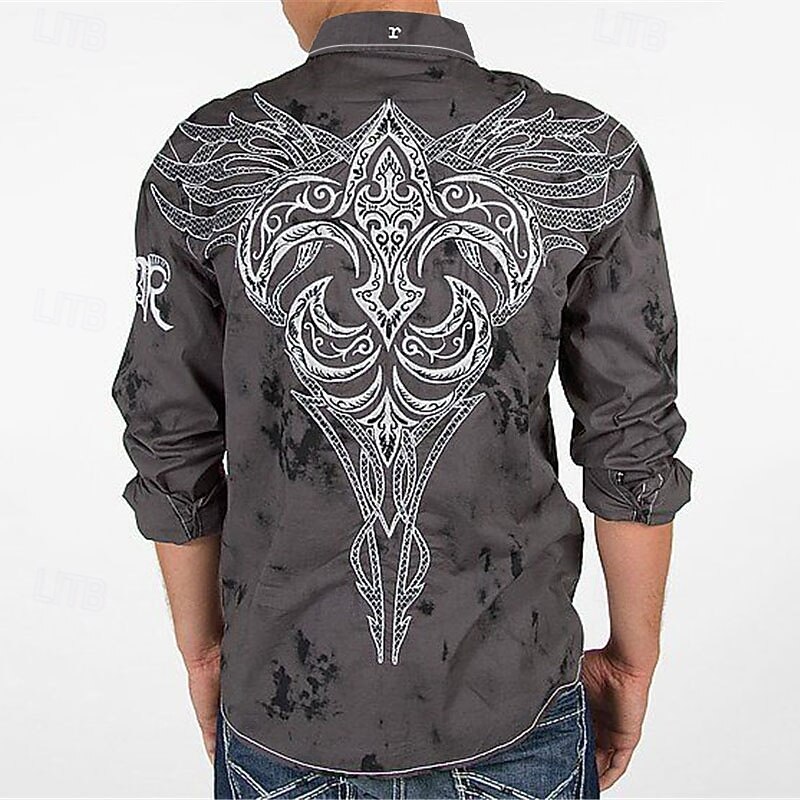 Men's Graphic Prints Totem Shirt Western Shirt Cowboy Shirt Long Sleeve Fashion Designer Casual Outdoor Daily Fall & Winter Turndown Print Button-Down Gray