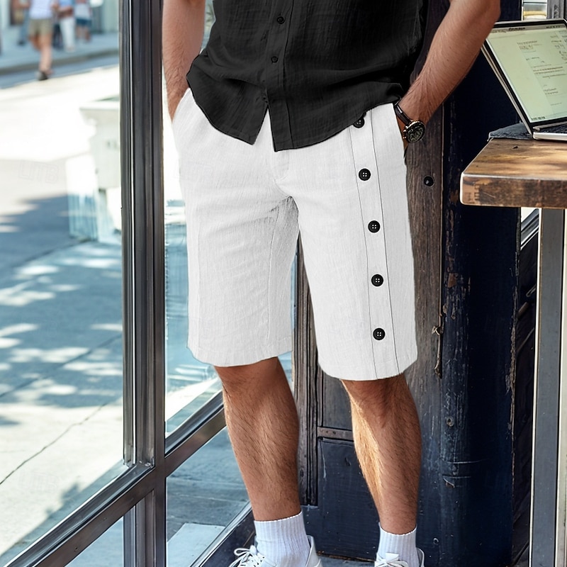 Men's Linen Shorts Summer Shorts Bermuda shorts Buttons Pocket Straight Leg Plain Comfort Breathable Short Business Designer Stylish White Army Green4