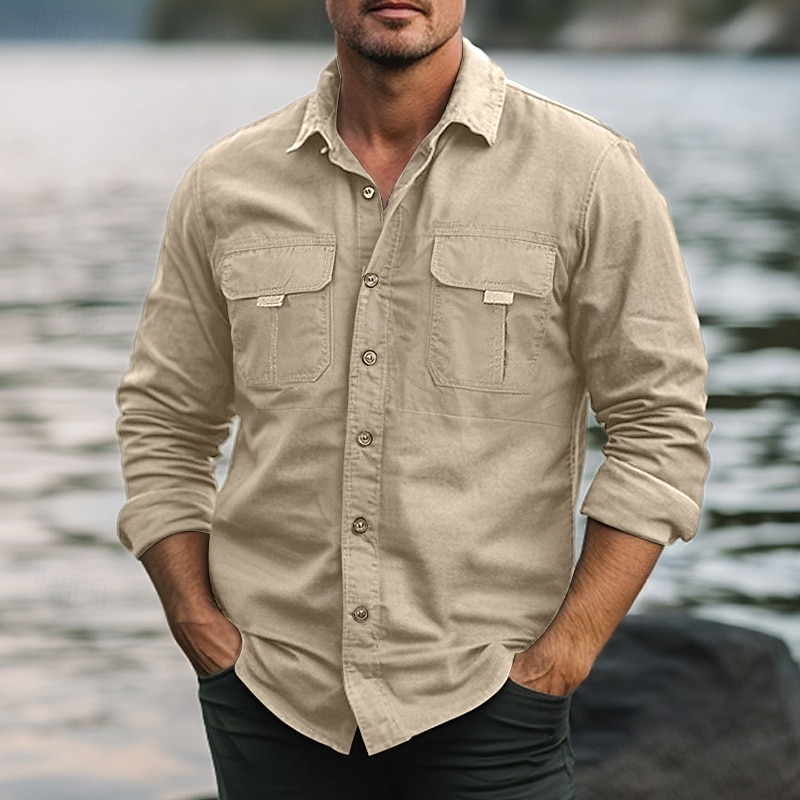 Men's Shirt Work Shirt Button Up Shirt Cargo Shirt Black Green khaki Light Grey Long Sleeve Plain Lapel Vacation Holiday Front Pocket Clothing Apparel Fashion Casual Comfortable3