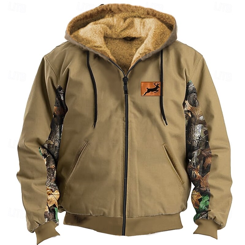 Men's Deer Fleece Hoodies Sweatshirt Fashion Ethnic Long Sleeve Hooded Hunting Brown Green Drawstring Fall Winter Designer2