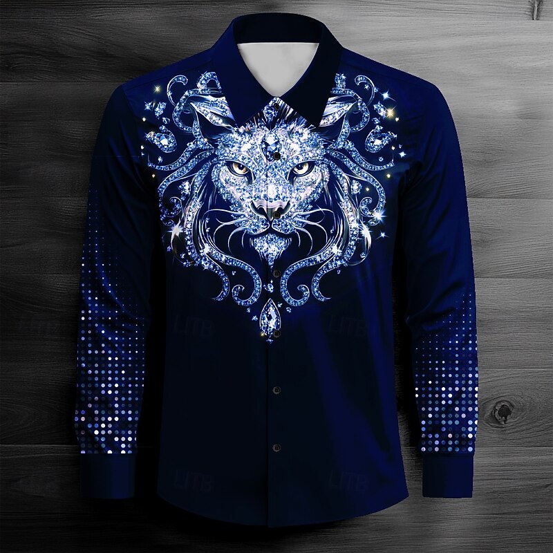 Men's Lion Collared Shirt Button Up Shirt Long Sleeve Dark Causal Casual Spring Fall Turndown Button Up Black Yellow Blue4