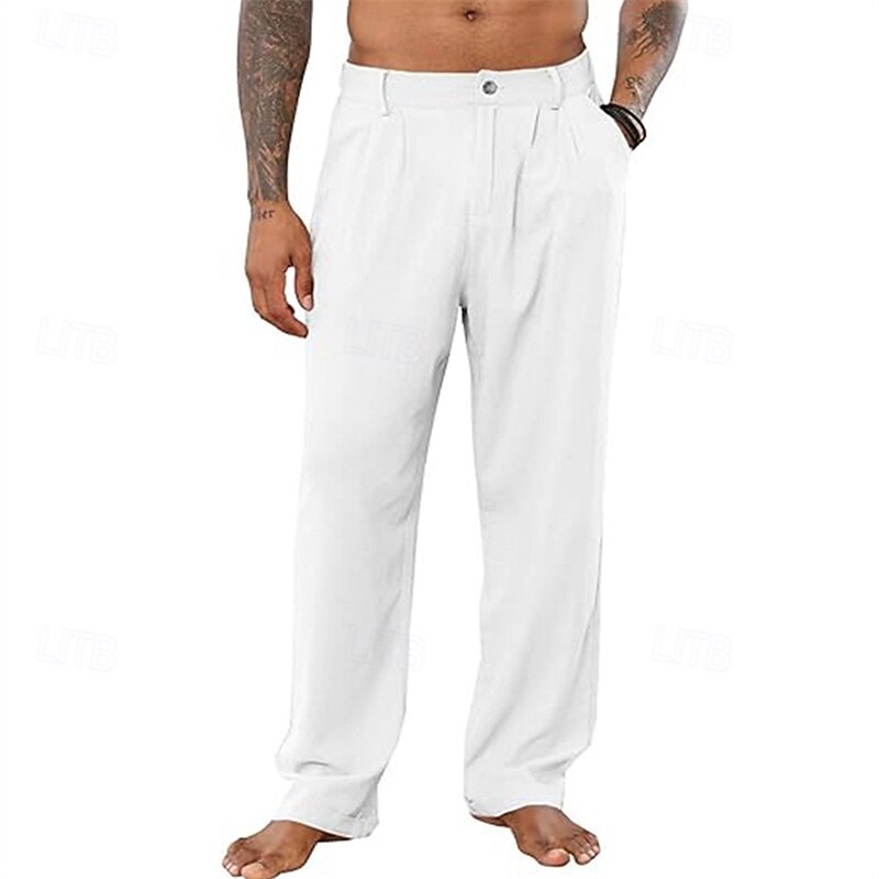 Men's Linen Pants Trousers Summer Pants Pleated Pants Buttons Straight Leg Plain Comfort Breathable Full Length Office Casual Daily Fashion Classic Style Black White3