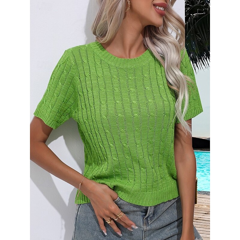 Women's Sweater Casual Soft Pure Color Ribbed Crew Neck Knitted Short Sleeves Regular Tops Knit Daily Weekend White Green Summer Spring3