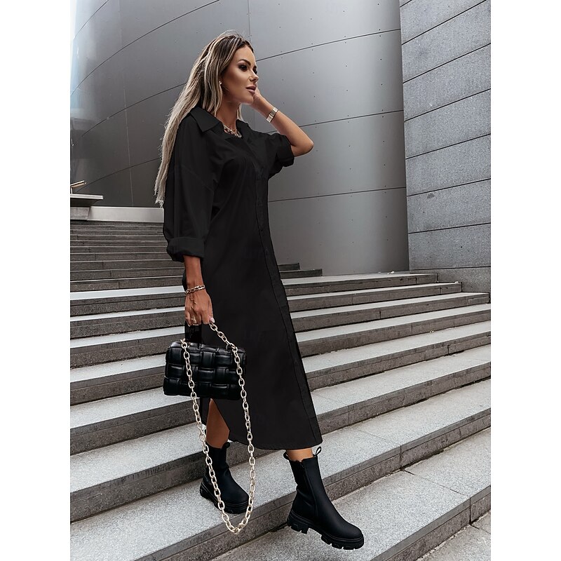 Women's Shirt Dress Midi Dress Buttons Split Thigh Casual V Neck Long Sleeve Black White Blue Color2