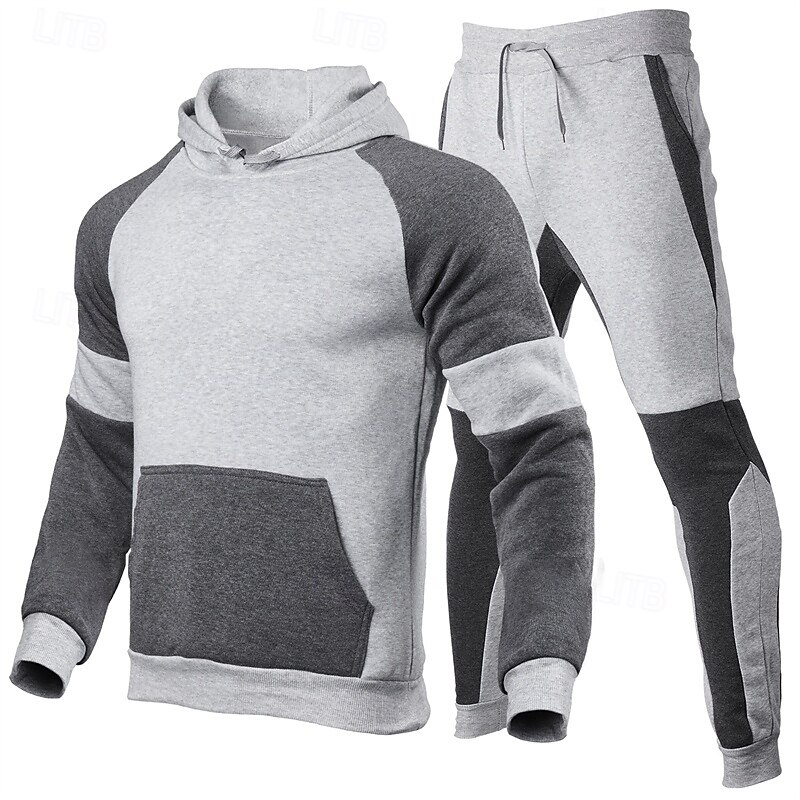 Men's Hoodie Tracksuit Sweatsuit Hoodies Set Black Red Light Grey Black+Gray Gray Hooded Color Block Drawstring 2 Piece Front Pocket Sports & Outdoor Daily Holiday Polyester Streetwear Basic Casual2