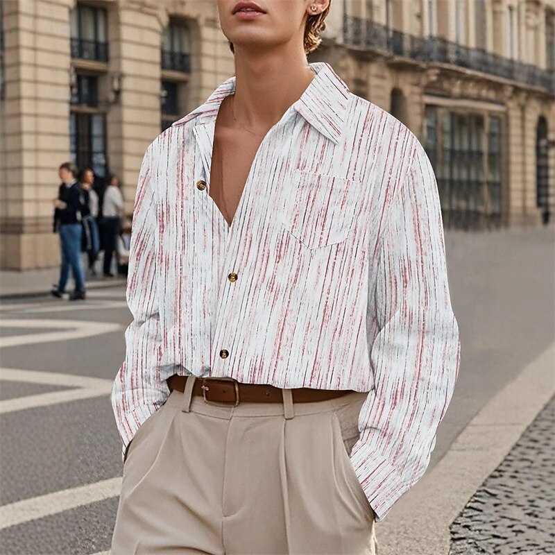 Men's Shirt Summer Shirt Casual Shirt Beach Shirt Button Up Shirt Red Green khaki Light Grey Long Sleeve Stripes Lapel Vacation Hawaiian Pocket Clothing Apparel Polyester Fashion Casual Comfortable