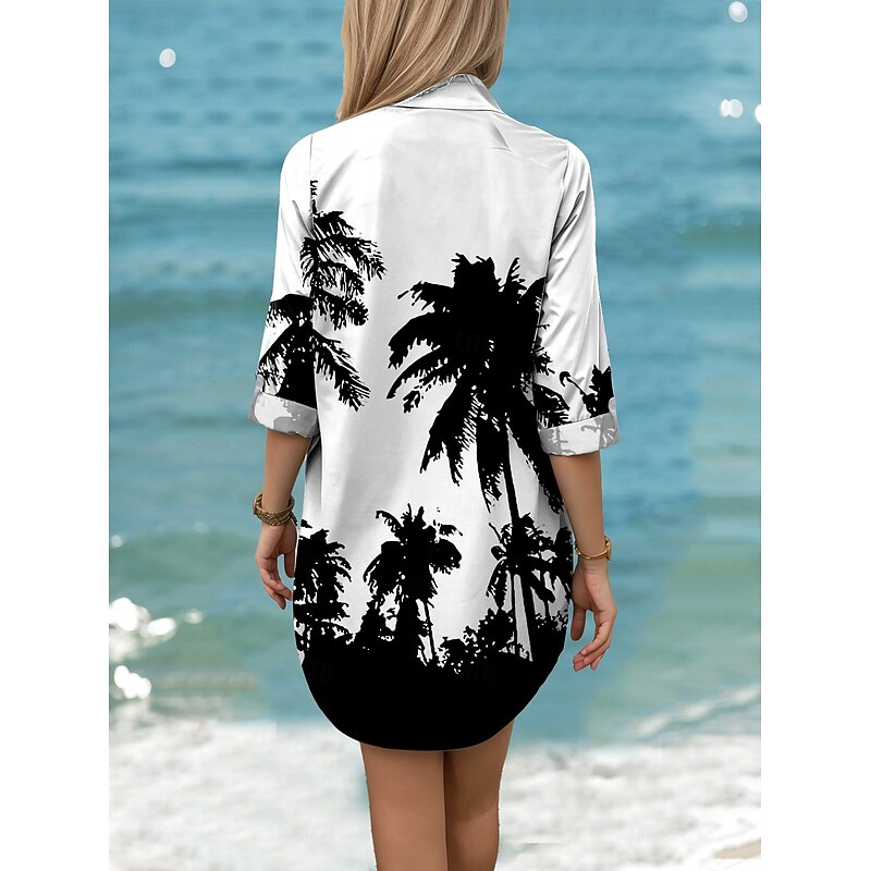 Women's Mini Dress Shirt Dress Hawaiian Shirts  Flowy  Beach Leaf Long  Long Sleeve Shirt Collar Buttons Print Form Fit White Summer Holiday Clothes Beach Wear2