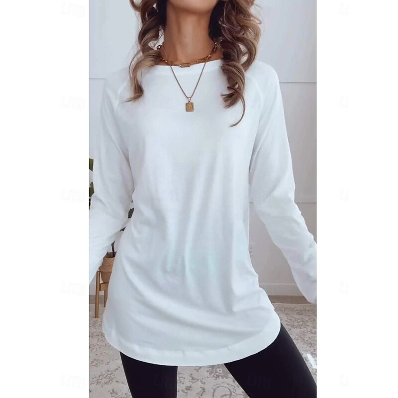 Women's T Shirt Solid Color Daily Casual Long Sleeve Crew Neck Regular Tops Work Daily Patchwork Black White Blue Spring &  Fall