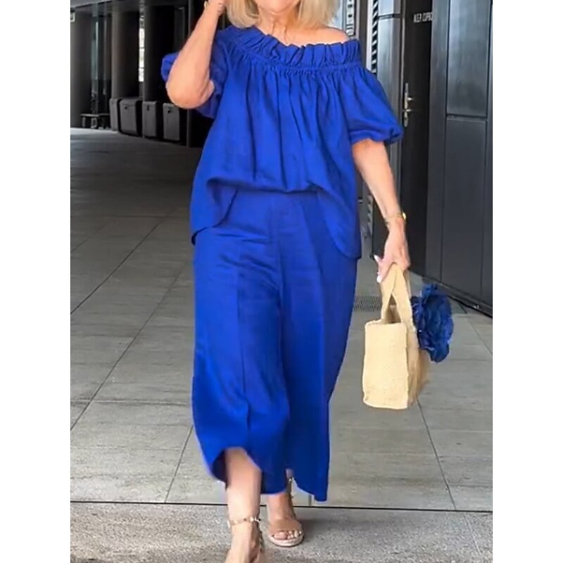 Women's Fashion Streetwear Daily Shirt Linen-Inspired Sets Two Piece Sets Chinos 3/4 Length Sleeve Off Shoulder Plain Ruffle Casual Daily White Blue Fuchsia Spring &  Fall Regular Fit