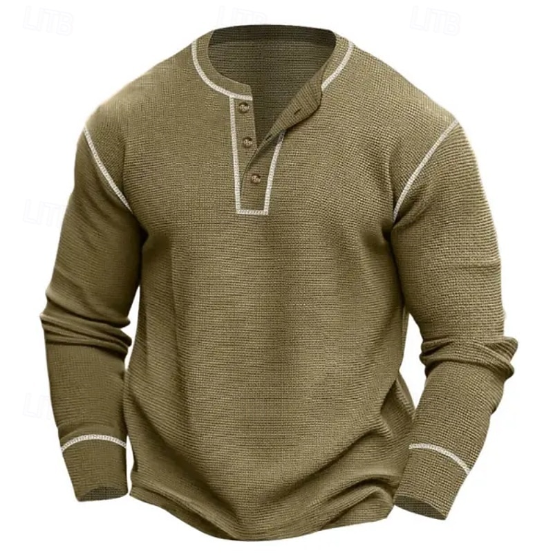 Men's Waffle Tee T Shirt Waffle Henley Shirt Tee Top Long Sleeve Solid Color Daily Casual Street Style Buttons Color Block Crewneck Henley Outdoor Street Causal Spring &  Fall Black Green Henley4