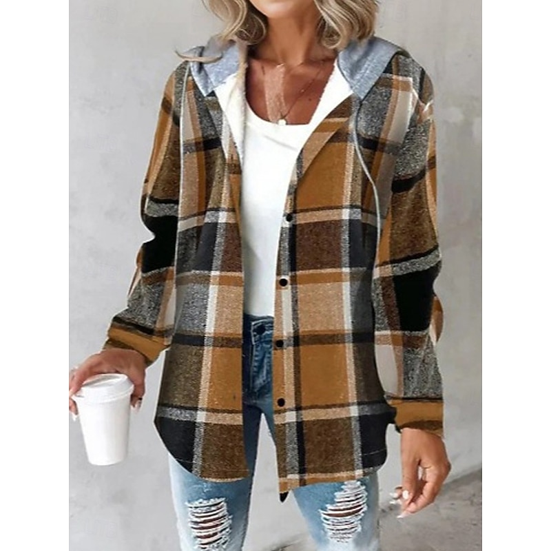 Women's Hoodie Sweatshirt Casual Graphic Plaid Street Dailywear Hoodie Patchwork Print Loose Fit Long Sleeve Brown Green Coffee Fall Winter3