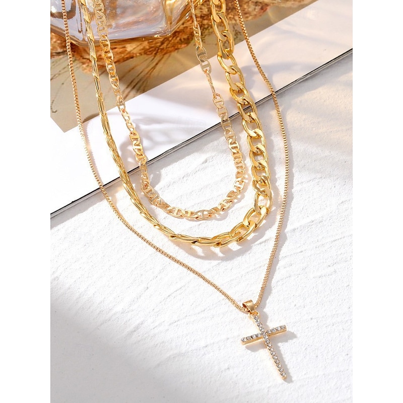 Layered Gold Chain Necklace Set with Cross Pendant and Simulated Rhinestone Accents – Fashionable Jewelry for Women, Perfect for Parties, Everyday Wear, and Special Occasions3