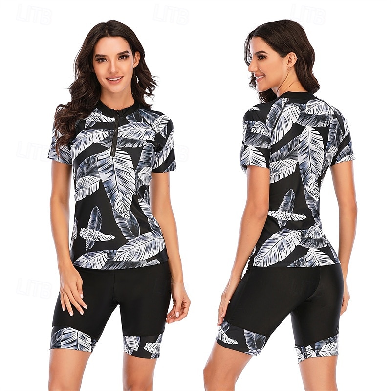 Women's Rash guard Swimsuit UV Sun Protection UPF50+ Lightweight Short Sleeve Spandex Swimwear Swimsuit 2 Piece Front Zip Swimming Surfing Beach Water Sports Floral Tropical Printed Summer Spring