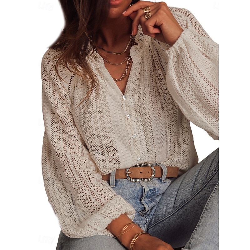 Women's Shirt Blouse Plain Bohemia Casual Long Sleeve Shirt Collar Regular Tops Daily Buttons Eyelet Beige Summer Spring Fall3