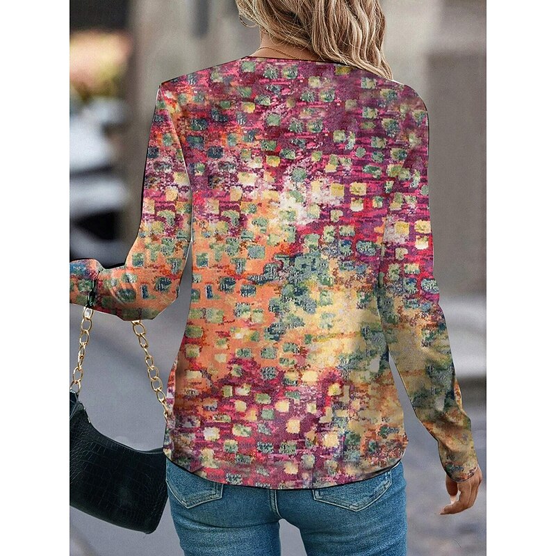 Women's T shirt Crew Neck Long Sleeve Tunic Ombre Geometric Modern Casual  Regular Tops Daily Weekend Print Blue Orange Fall Winter2