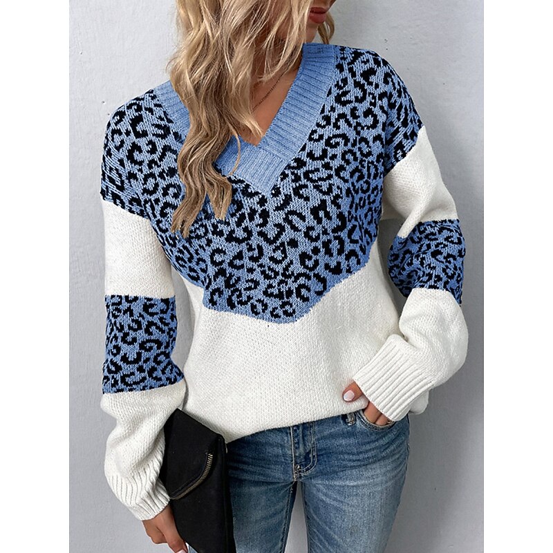 Women's Sweater Casual Soft Leopard Ribbed V Neck Knitted Long Sleeve Regular Tops Knit Outdoor Daily Weekend Pink Blue Fall Winter