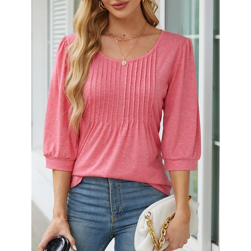 Women's Shirt Blouse Solid Color Basic Casual 3/4 Length Sleeve Crew Neck Regular Tops Daily Ruched Black White Pink Summer Spring2